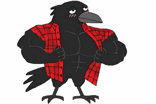 Cartoon crow wearing a red plaid shirt with wings crossed.