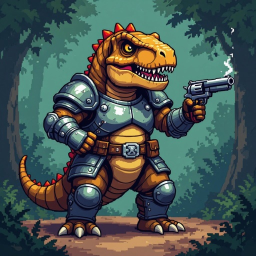Un T-Rex fatto in pixel Art con un armatura e delle braccia umane con una pistola in mano(o una revolver se vuoi).    (: