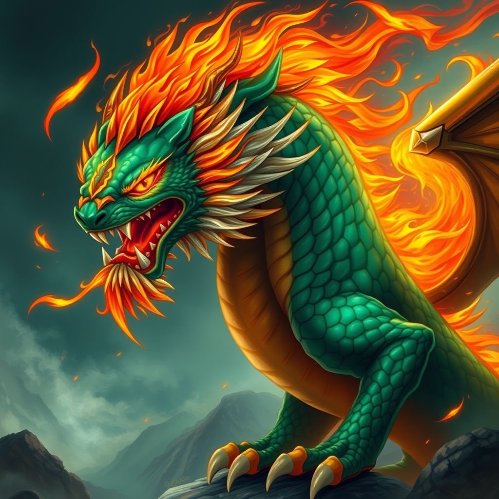 Un drago in fiamme con testa di leone 