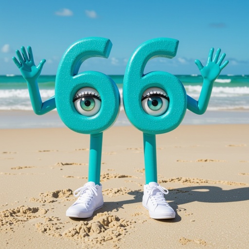 Cyan number 666 with 2 human eye ball 2 cyan arm 2 cyan leg wear white shoes in beach