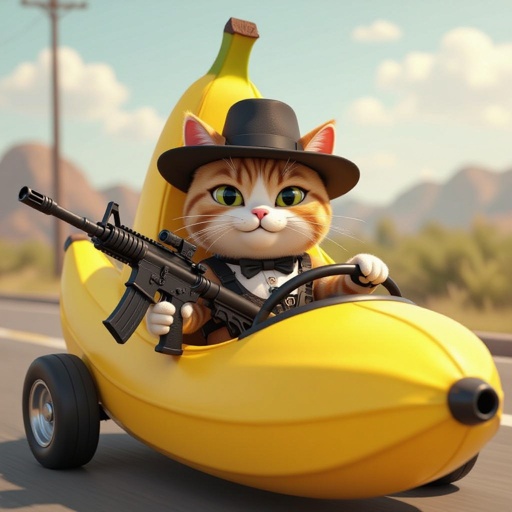 Persona con la faccia da gatto su un auto banana. e con un mitragliatore in mano e con un capello nero