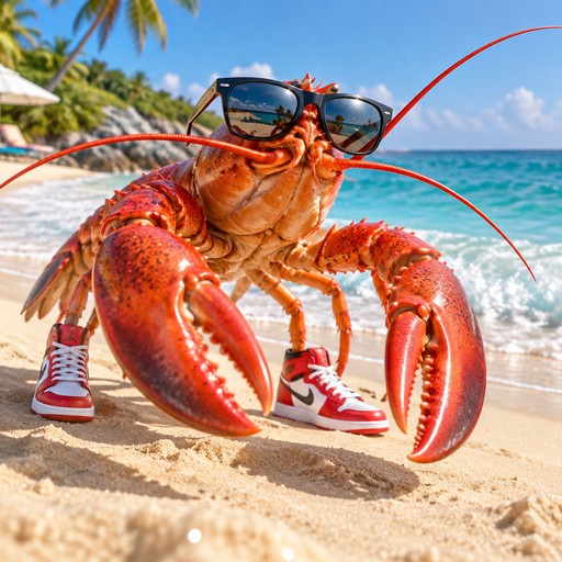 Oversized cartoon lobster wearing sunglasses and red sneakers on a tropical beach