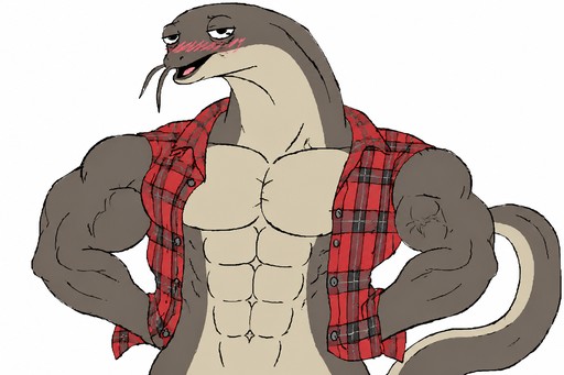 Cartoon muscular lizard wearing a red plaid shirt, flexing with arms raised.
