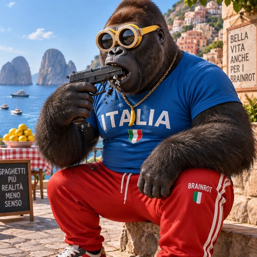 Gorilla wearing Italy-themed clothing, holding a microphone by a seaside village.