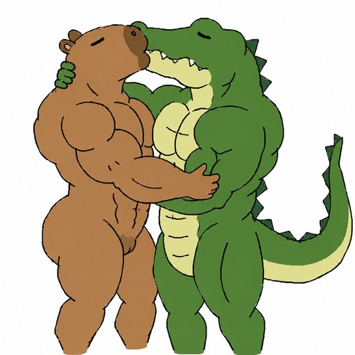 Cartoon bear and crocodile characters embrace in a colorful pixel-art style.