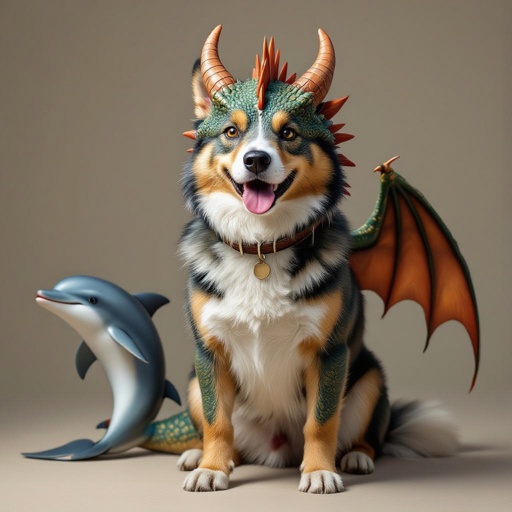 Un cane con la testa di un dinosauro la coda di un delfino le ali da drago