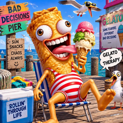 Colorful cartoon cereal character eating gelato beside whimsical signs and a beach chair