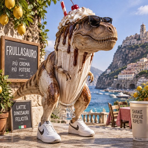 Cartoon dinosaur wearing sneakers beside café signs on a sunny coastal street