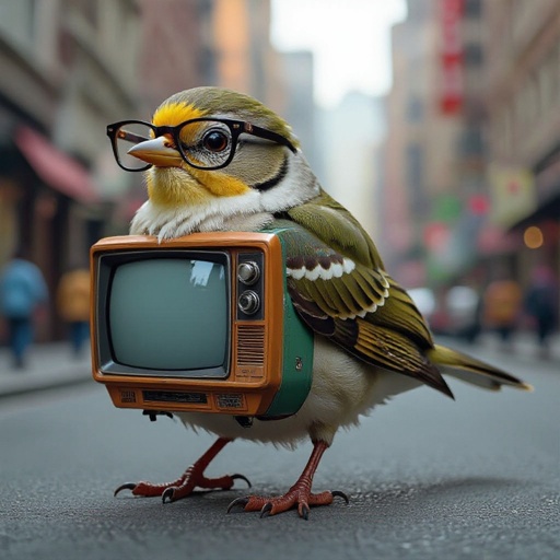 Bird head car body tv tail it has glasses and 6 legs
