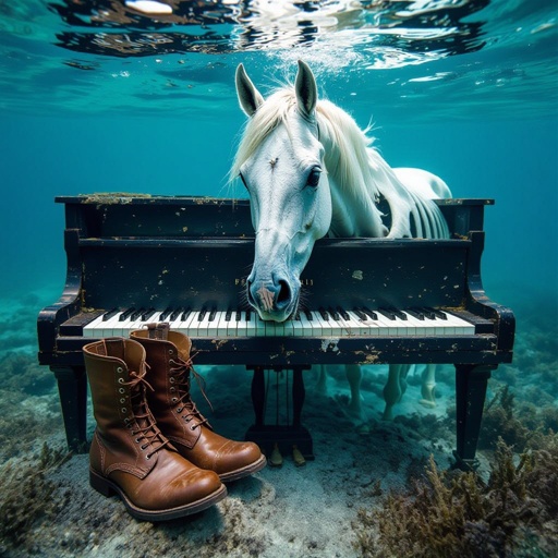Horse skull broken piano 2 old boots in ocean