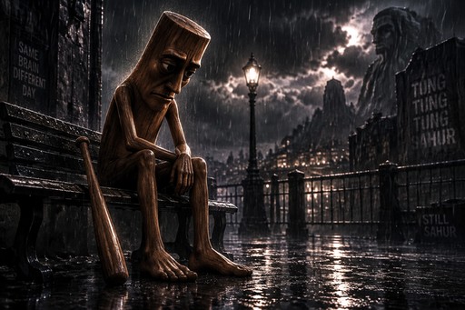Dark surreal figure sitting on a wet bench beside a city street at night