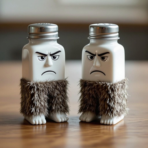 Make a salt and pepper next to each other with hairy human legs and a frown