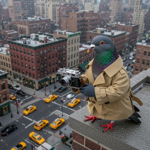 Detective pigeon with camera in city