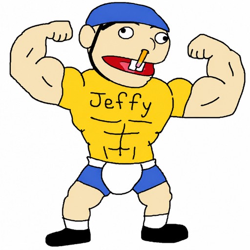 Cartoon person flexing in a yellow “Jeffy” shirt, blue shorts, and black shoes