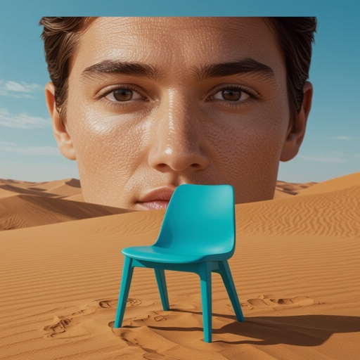 Cyan chair 2 cyan leg 2 cyan hand human face in desert