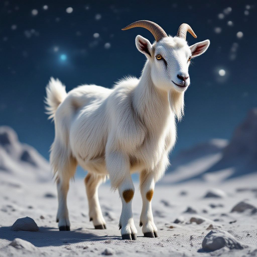 A goat being earth showing its whole body and in the space