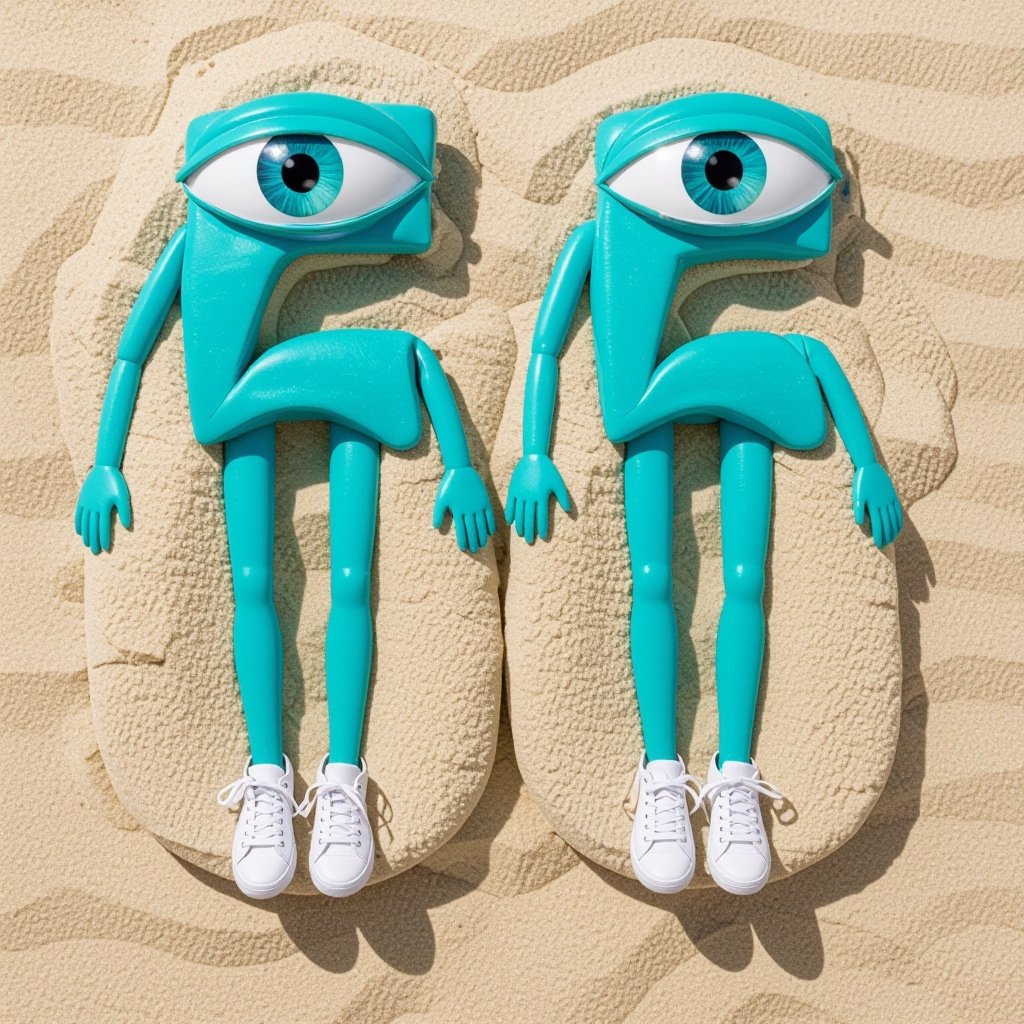 Cyan number 66 with 2 human eye ball 2 cyan arm 2 cyan leg wear white shoes in beach