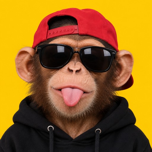 Cartoon-style monkey wearing sunglasses and a red cap against a yellow background, tongue out