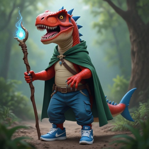 T-rex rosso la coda di uno squalo blu con scarpe Nike azzurre e un bastone magico mantello verde e pantaloni blu