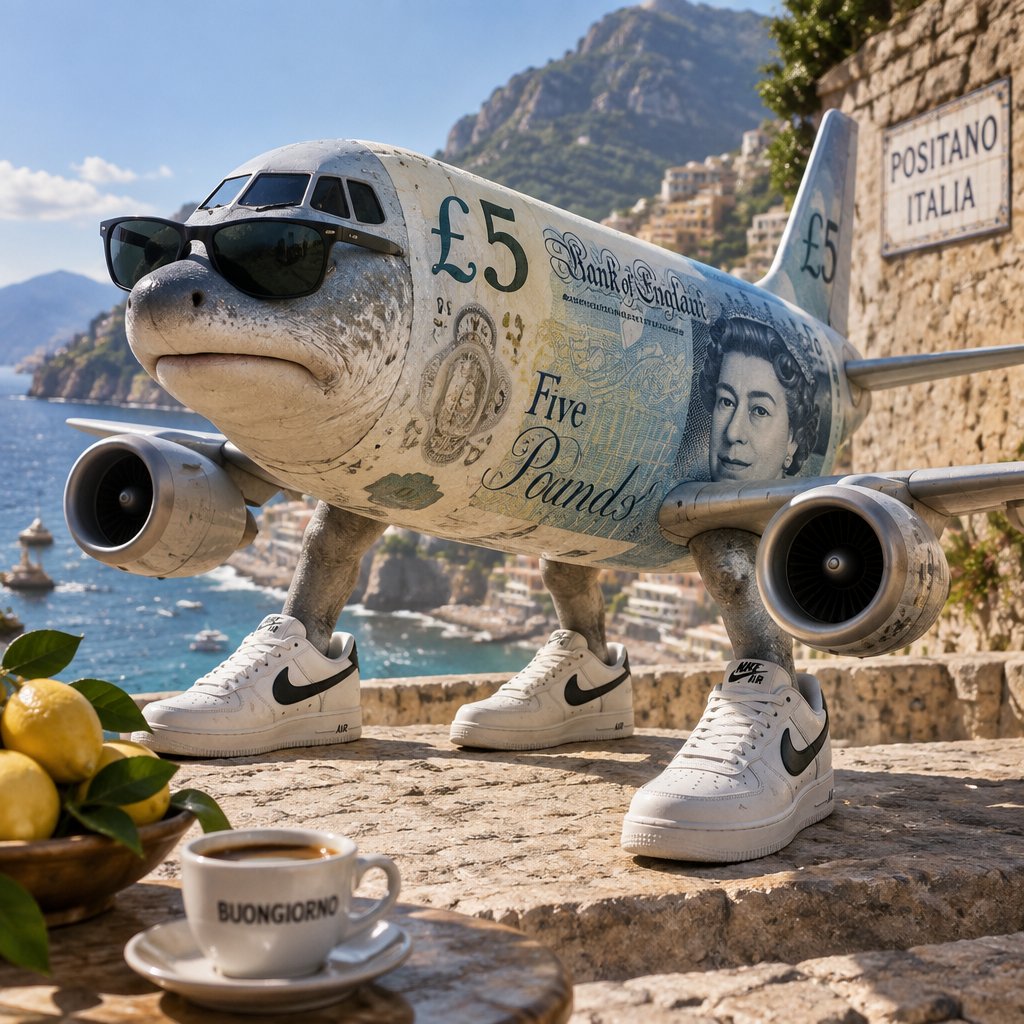 Surreal £5 banknote airplane wearing sunglasses and sneakers on a sunny beach