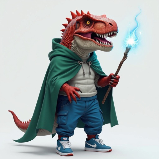 T-rex rosso fuso ad uno squalo blu con  scarpe Nike e un bastone magico mantello verde e pantaloni blu