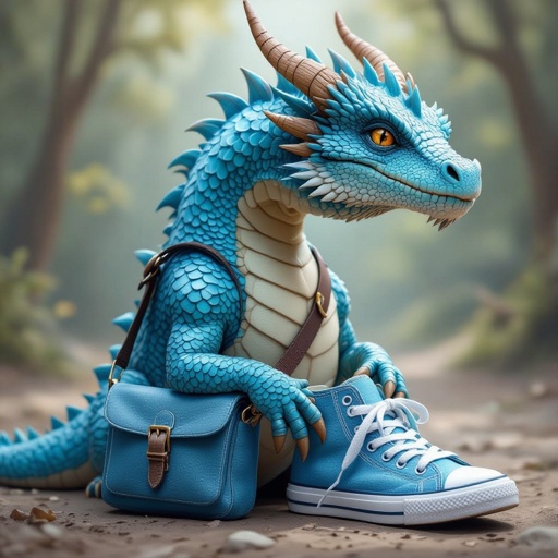 Make a dragon with baby blue sneakers whilst wearing a man bag