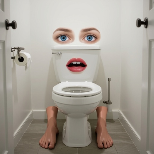 Toilet with 2 human eye and human mouth 2 human foot in white room