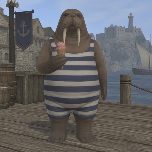 Sepia-toned walrus in a striped shirt eating ice cream on a wooden dock