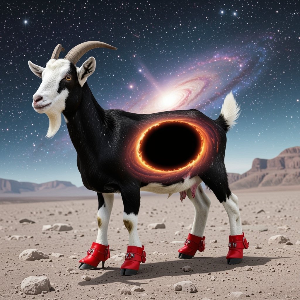 Goat with black hole body 2 goat leg with wear red shoes in space