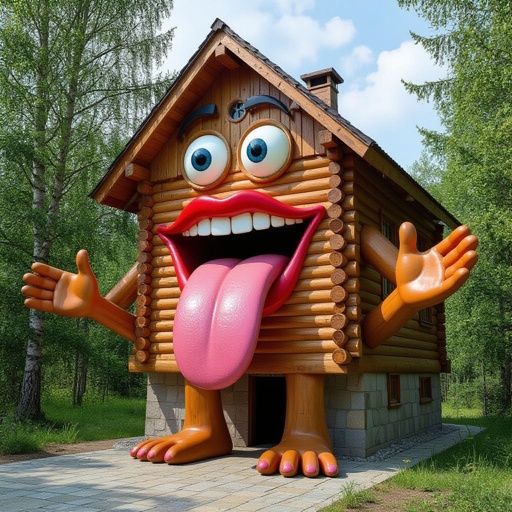 Una casa di legno con lingua lunga e braccia,gambe e occhi