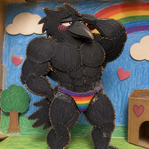 Illustrated muscular black bird character posing with rainbow-striped clothing outdoors