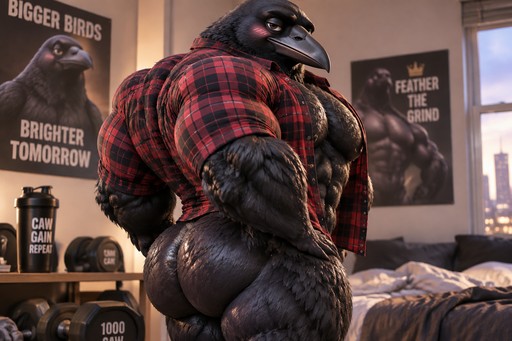 Anthropomorphic gorilla in plaid shirt posing in a dim, cluttered room with posters.