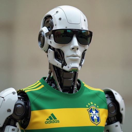 Uma arma humanoide com braços e pernas com a camisa do Brasil e um óculos escuro