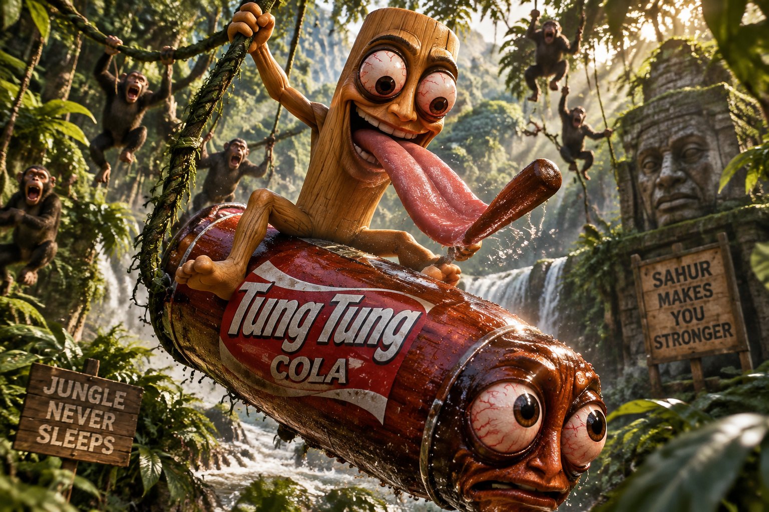 Surreal cartoon figures riding a giant cola bottle through a jungle scene
