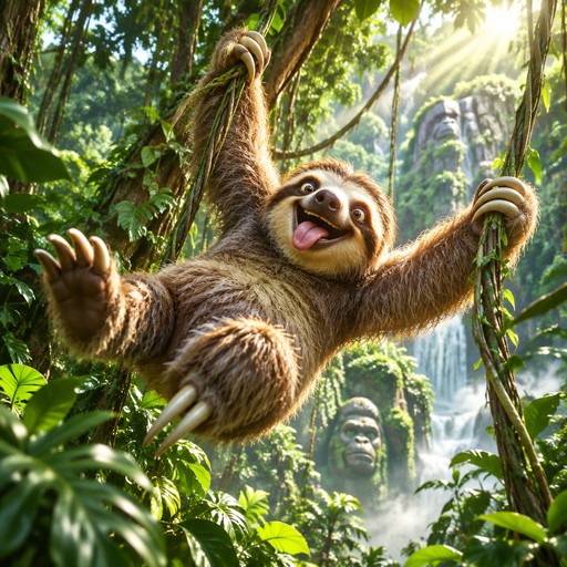 A smiling sloth swings through a lush jungle in a colorful digital illustration.
