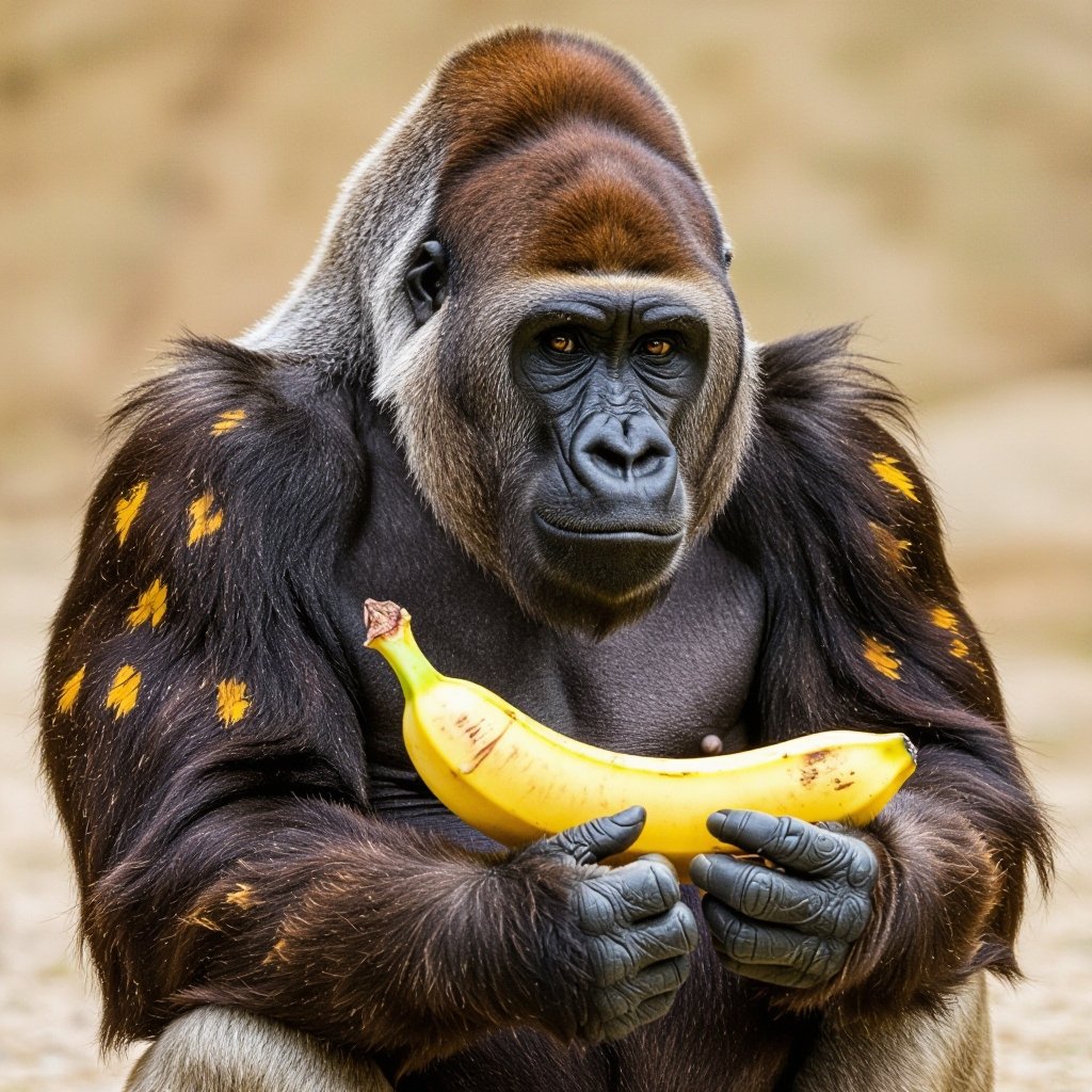 A gorilla mixed with a banana
