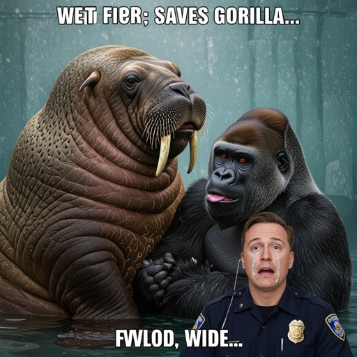Walrus saves gorilla into Jail Poop Crying police man scared funny meme