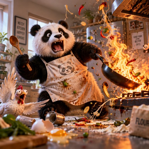 Cartoon panda cooking amid flames, flying ingredients, and a messy kitchen scene