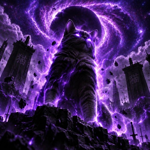 Purple cosmic scene with a towering cat-like creature among ruined buildings.