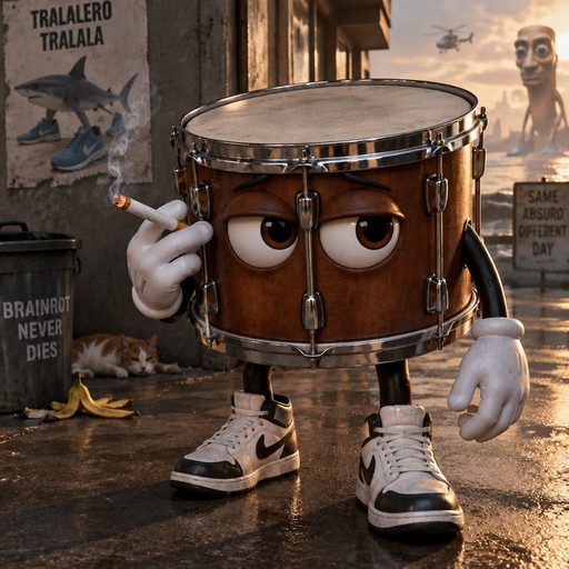 Surreal anthropomorphic drum holding a cigarette in a graffiti-covered alley, muted brown tones