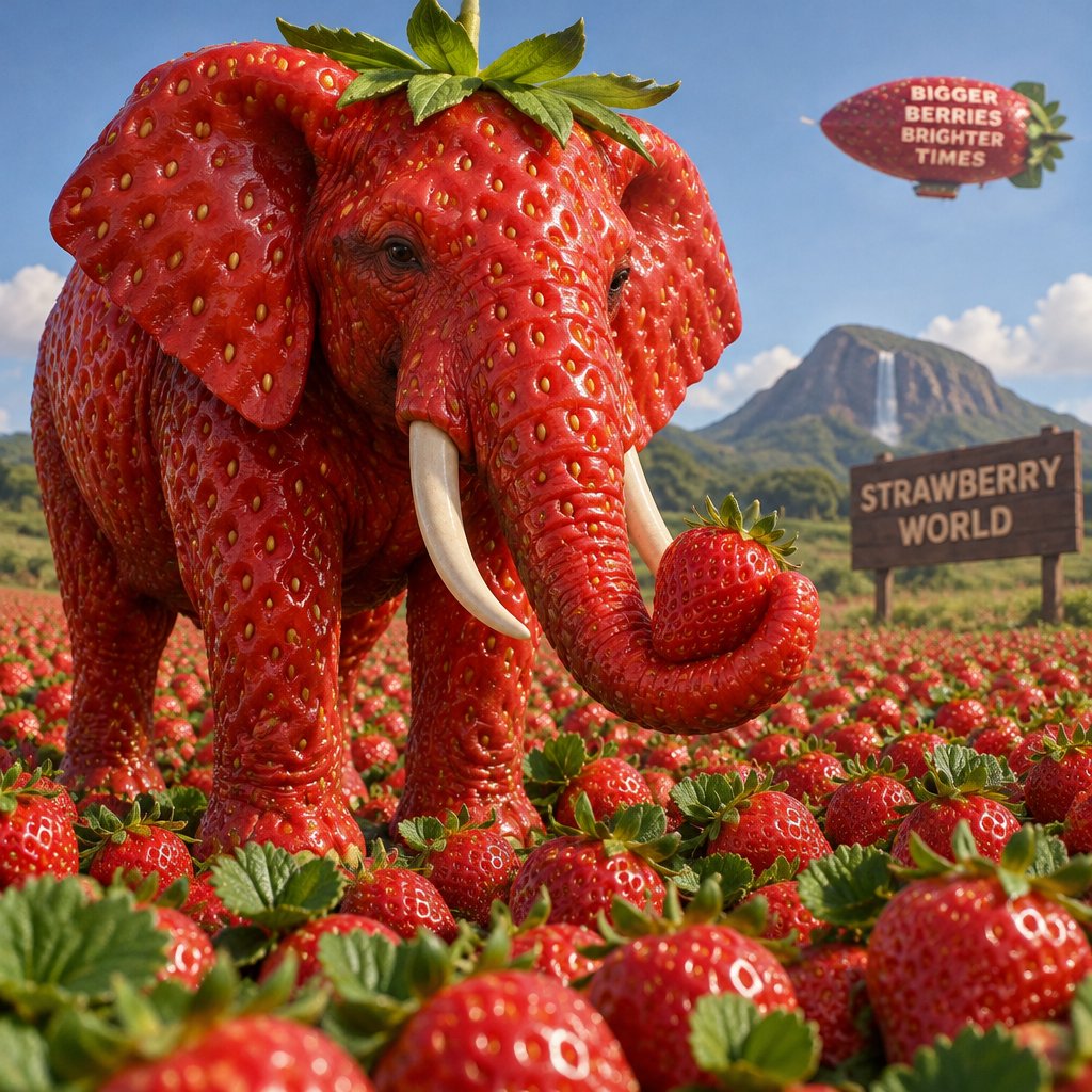 Surreal strawberry elephant standing in a strawberry field beside a sign