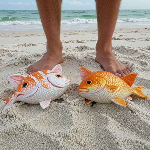 Fish cat head 4 human leg in beach