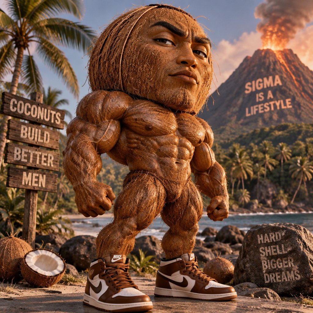 Muscular coconut character wearing sneakers in a tropical volcano scene with meme signs