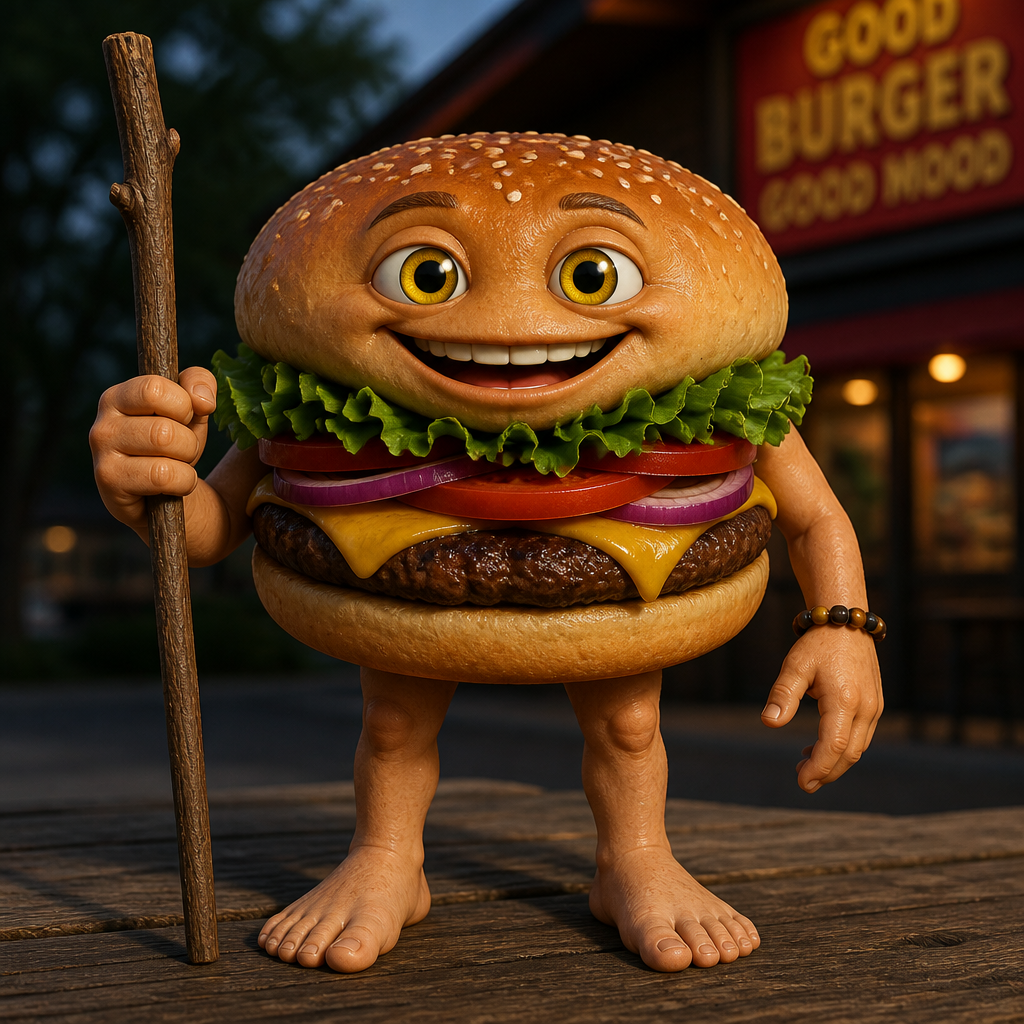 hamburger sorridente con occhi gialli e ha mani e bracial umane e piedi umani e tiene un bastone in mano