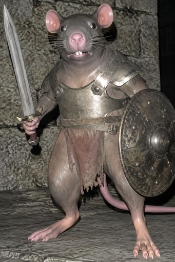 Armored rat holding a sword and shield in a stone dungeon, realistic fantasy style