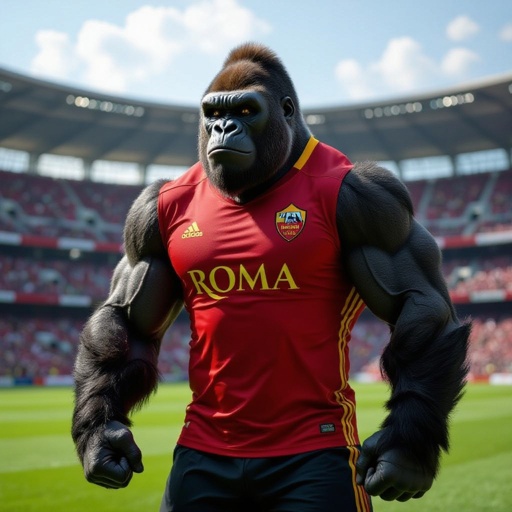 Un gorilla muscoloso allo stadio con la maglia della Roma