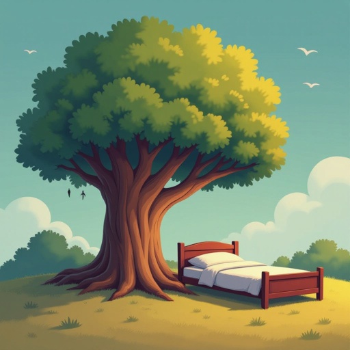 An big tree anomaly with a bed next to it as it can never sleep