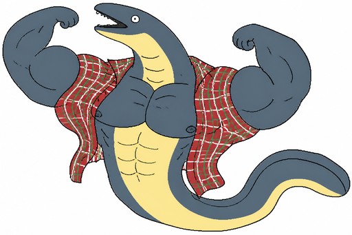 Cartoon shark-like creature flexing with muscular arms, wearing a red plaid shirt.