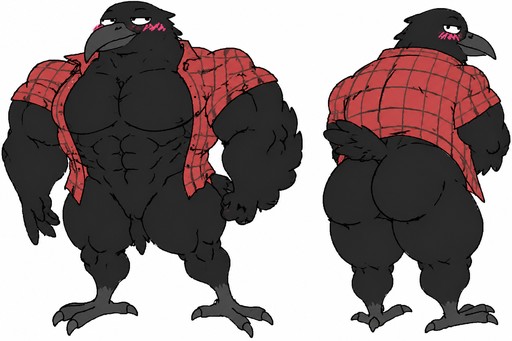 Cartoon black bird-like character wearing a red plaid shirt, shown front and back.