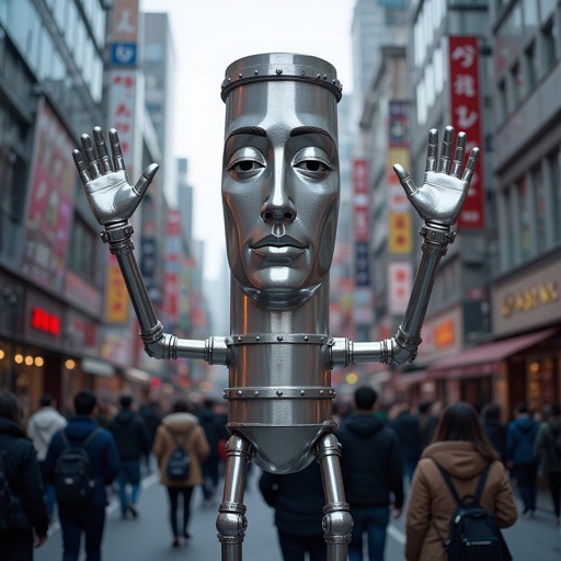 Pipe with human face 2 silver arm 2 silver leg with silver stick in city